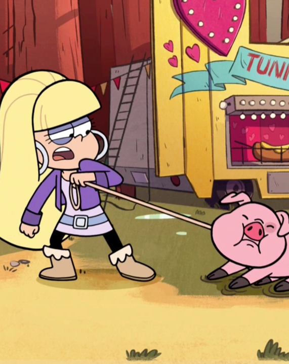 Pacifica Northwest from Gravity Falls in a tug of war with a pig while wearing her lavender tunic dress and bouffant wig