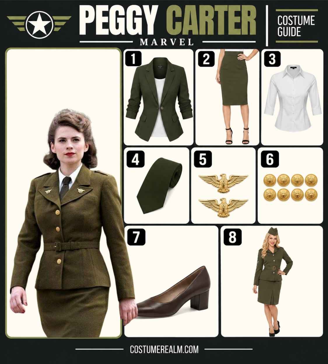 Peggy Carter Halloween costume infographic showing military green blazer, matching pencil skirt, white dress shirt, military green necktie, eagle pins, eagle badge button set, and brown street pumps