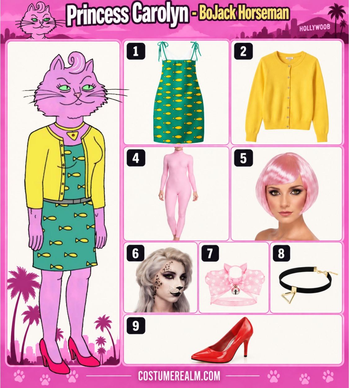 Princess Carolyn from BoJack Horseman Halloween costume infographic showing the green fish-print dress, yellow cardigan, pink wig, cat mask, triangle choker, and gray belt