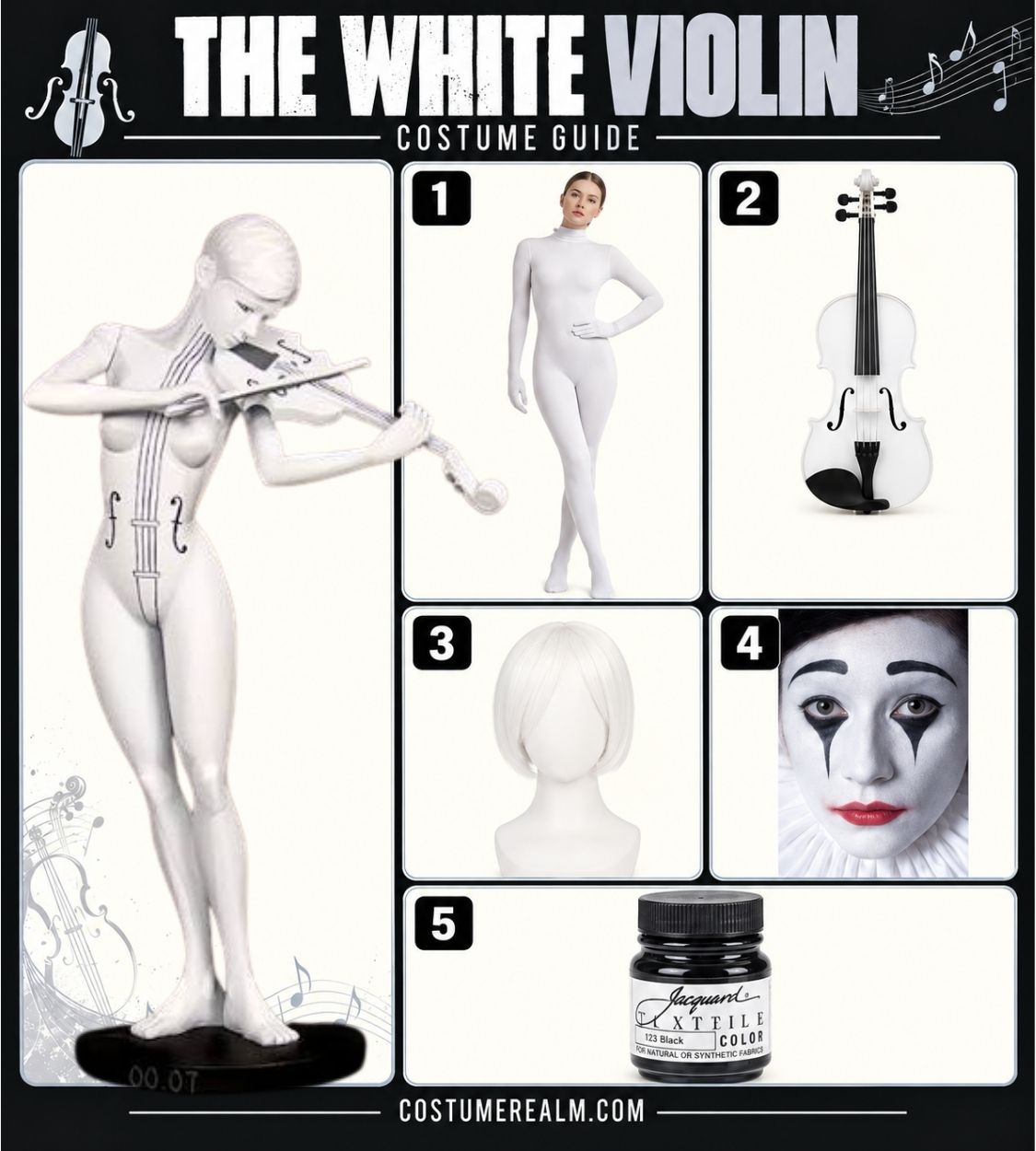 The White Violin costume guide infographic from The Umbrella Academy showing white bodysuit, white violin, white short wig, white body makeup and black textile paint