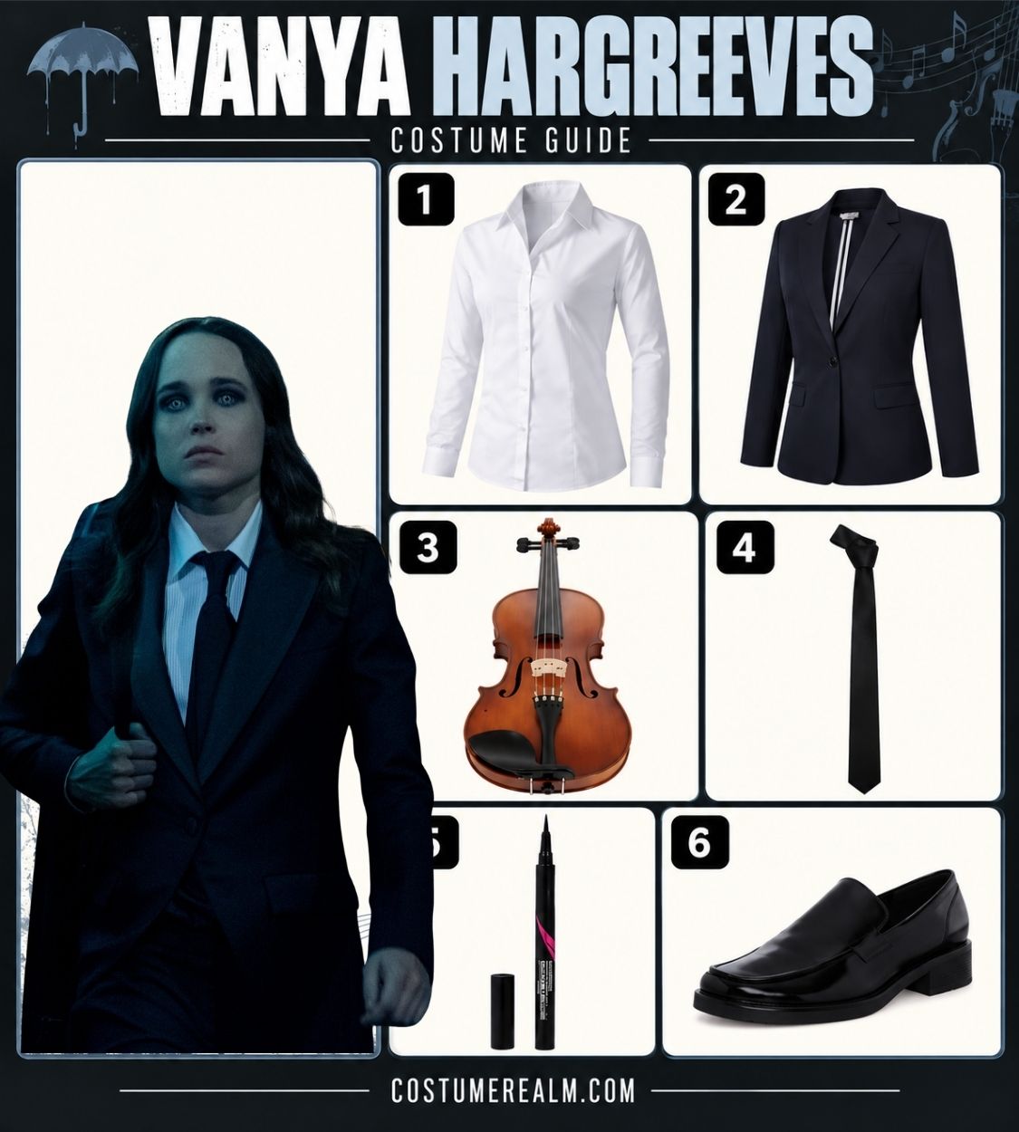 Vanya Hargreeves Season 1 costume guide infographic from The Umbrella Academy showing white shirt, navy blazer, beginner's violin, black skinny tie, black eyeliner and black loafers