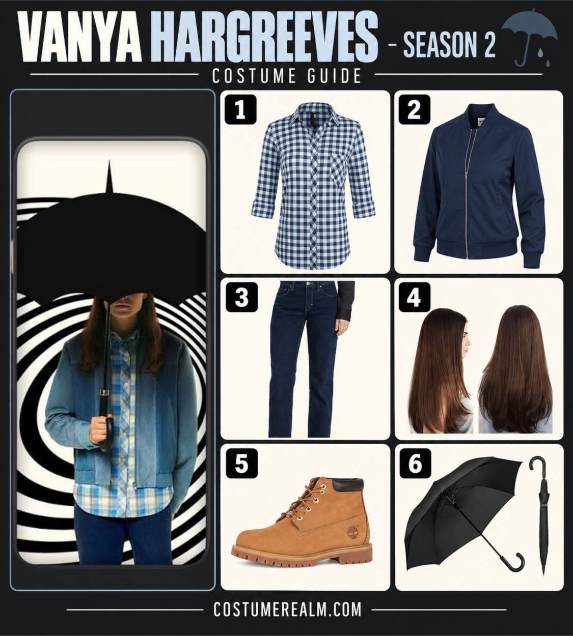 Vanya Hargreeves Season 2 costume guide infographic from The Umbrella Academy showing plaid shirt, grey-blue bomber jacket, dark jeans, brown wig, ankle boots and black umbrella